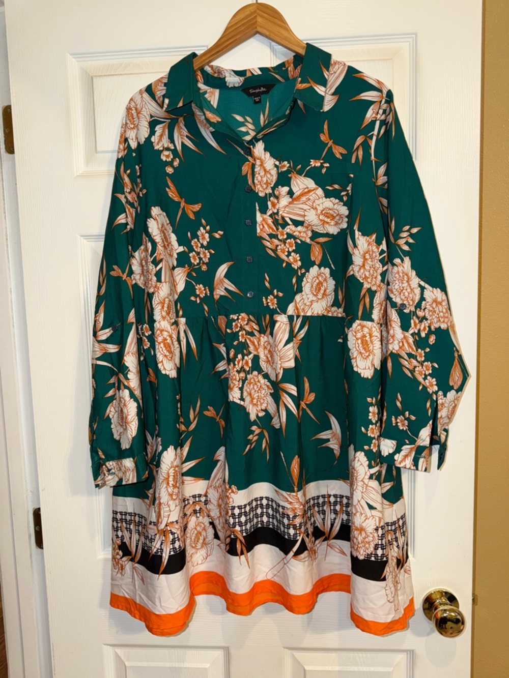 Simply Be Teal Floral Midi Dress with Orange and Cream Border. EUC.